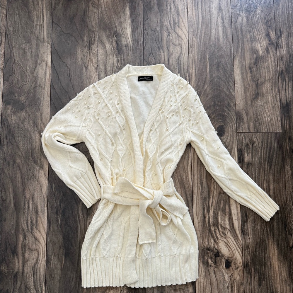 🤍 Women's Cream Cable Knit Pearl-Accent Belted Cardigan